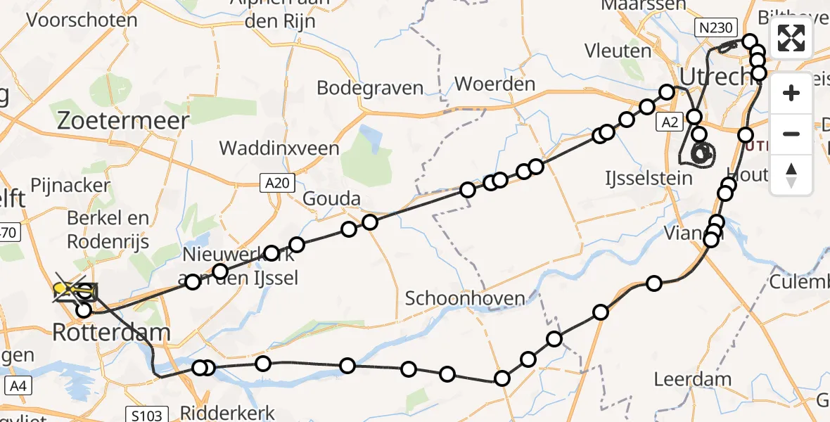 Routekaart van de vlucht: Politieheli naar Rotterdam The Hague Airport, Pilotenpad