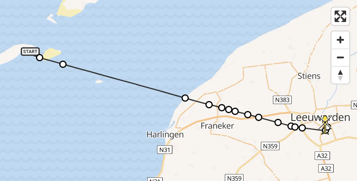 Routekaart van de vlucht: Ambulancehelikopter naar Leeuwarden, Haven Vlieland