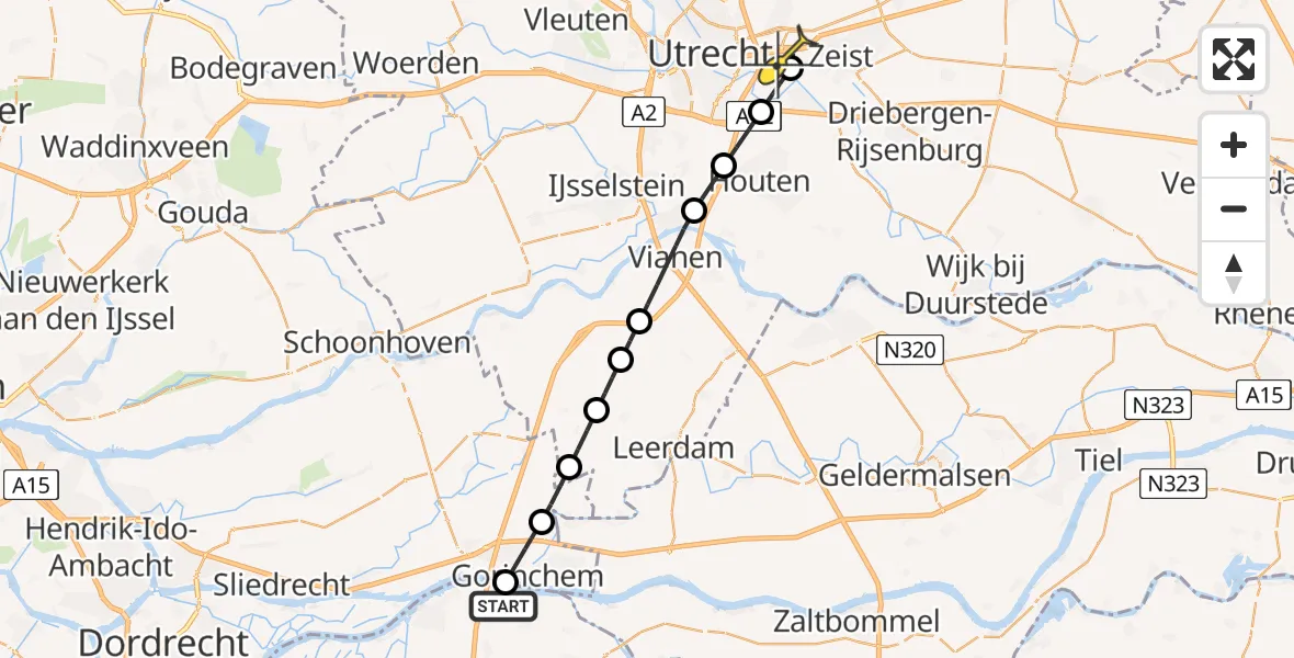 Routekaart van de vlucht: Lifeliner 3 naar Universitair Medisch Centrum Utrecht, Mercon