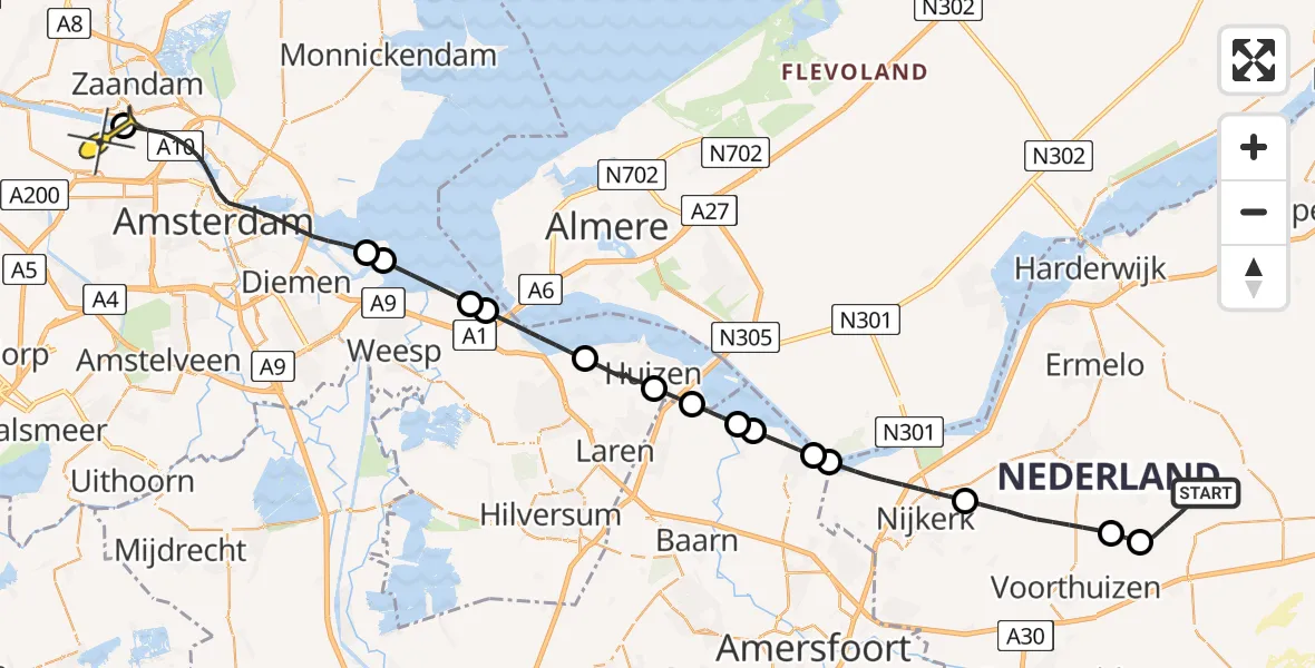 Routekaart van de vlucht: Lifeliner 1 naar Amsterdam Heliport, Hoge Boeschoterweg