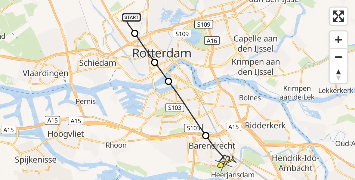 Routekaart van de vlucht: Lifeliner 2 naar Barendrecht, Zestienhovensebaan