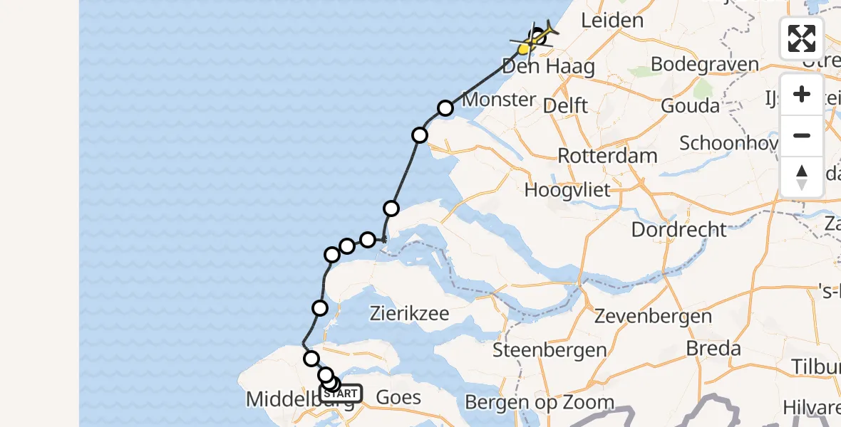 Routekaart van de vlucht: Kustwachthelikopter naar Den Haag, Oranjeplaatweg