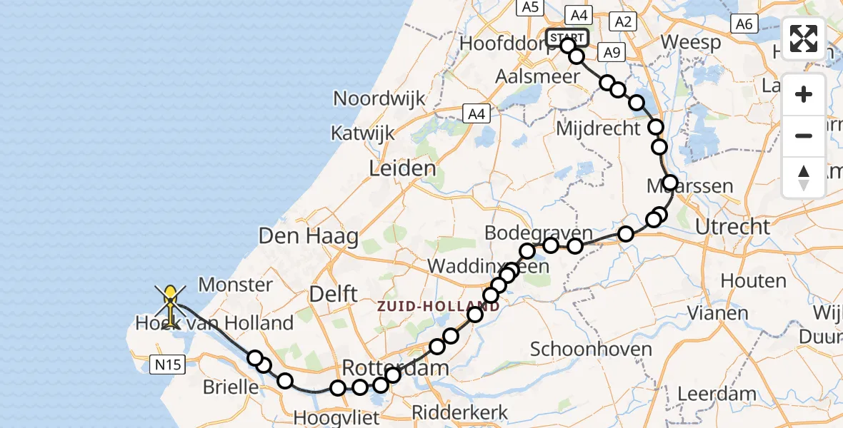 Routekaart van de vlucht: Politieheli naar Hoek van Holland, Mr. Jac. Takkade