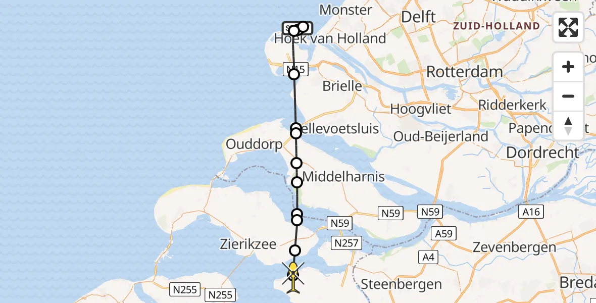 Routekaart van de vlucht: Politieheli naar Stavenisse, Maasmond