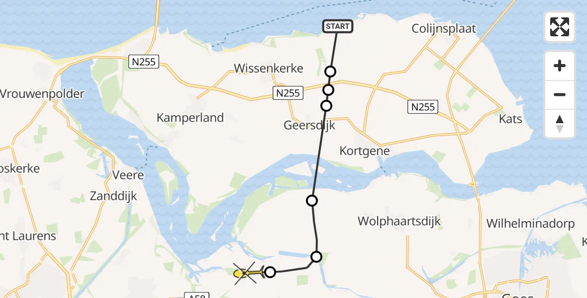 Routekaart van de vlucht: Kustwachthelikopter naar Vliegveld Midden-Zeeland, Oostmolenweg