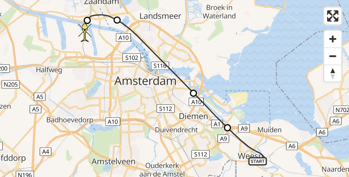 Routekaart van de vlucht: Lifeliner 1 naar Amsterdam Heliport, Lange Muiderweg
