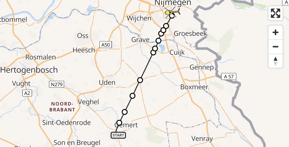 Routekaart van de vlucht: Lifeliner 3 naar Radboud Universitair Medisch Centrum, Lekerstraat
