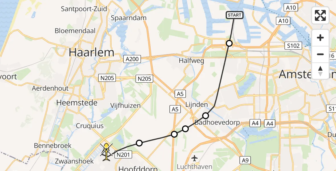 Routekaart van de vlucht: Lifeliner 1 naar Hoofddorp, Westpoort