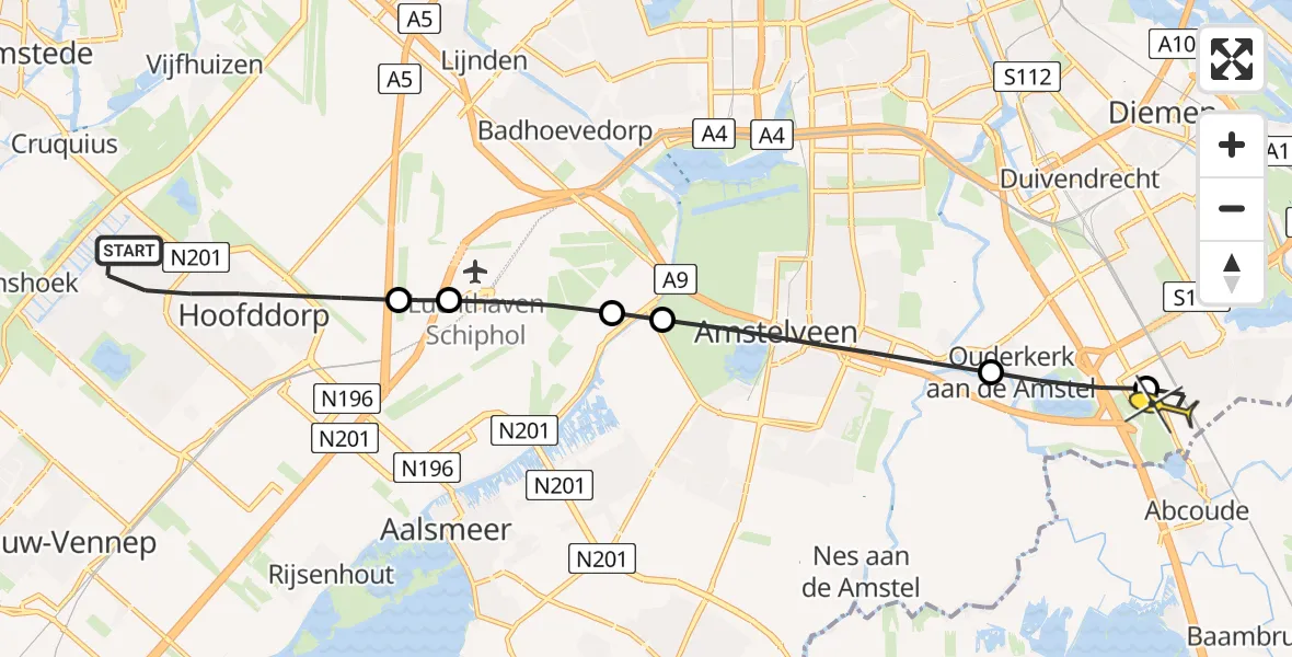 Routekaart van de vlucht: Lifeliner 1 naar Academisch Medisch Centrum (AMC), Liesbos
