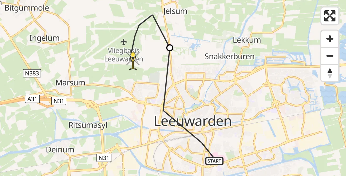 Routekaart van de vlucht: Ambulancehelikopter naar Vliegbasis Leeuwarden, Engelumerstraat