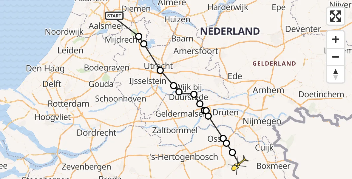 Vluchtroute Politiehelikopter van Schiphol naar Vliegbasis Volkel