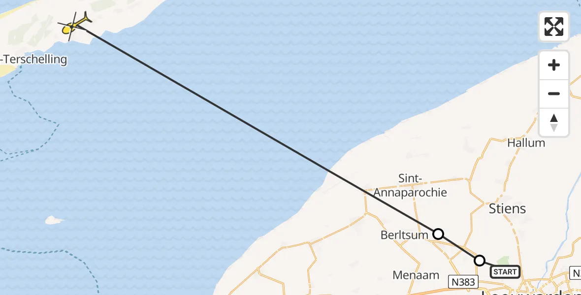 Routekaart van de vlucht: Ambulanceheli naar Midsland, Sirtemawei