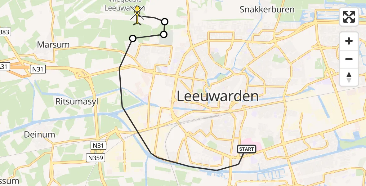 Routekaart van de vlucht: Ambulancehelikopter naar Vliegbasis Leeuwarden, Nijlânsdyk