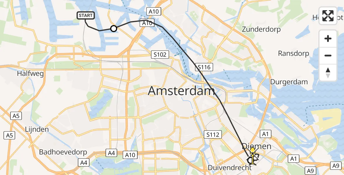Routekaart van de vlucht: Lifeliner 1 naar Diemen, Westhaven