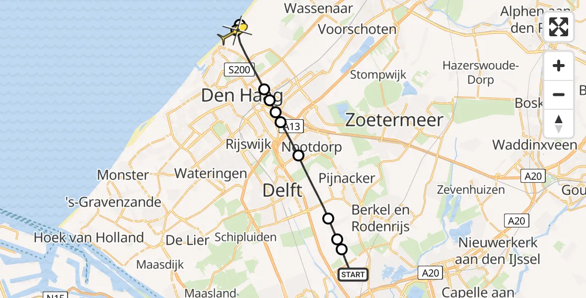Routekaart van de vlucht: Lifeliner 2 naar Den Haag, Schieveense polder
