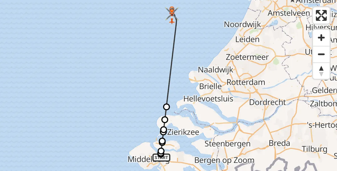 Vluchtroute Kustwachthelikopter Vliegveld Midden-Zeeland - , 15 juli 2025, 18:22