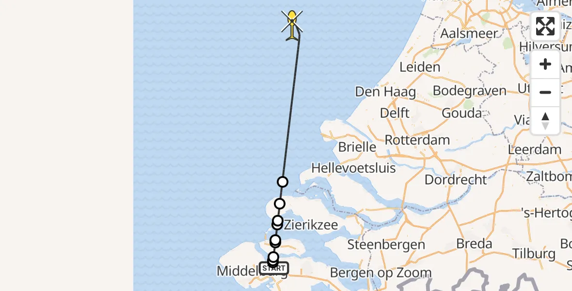 Routekaart van de vlucht: Kustwachthelikopter naar Spieringplaat