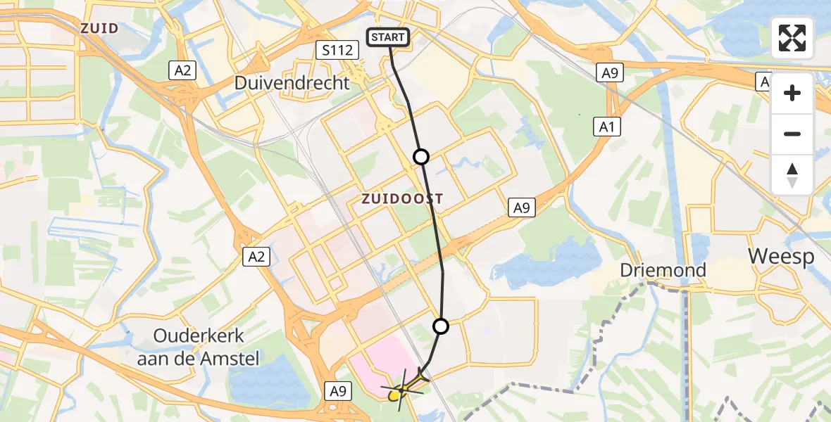 Routekaart van de vlucht: Lifeliner 1 naar Academisch Medisch Centrum (AMC), Charley Tooropgracht
