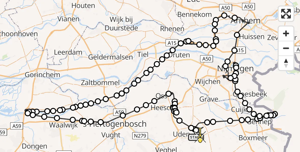 Routekaart van de vlucht: Politieheli naar Vliegbasis Volkel, Zeelandsedijk