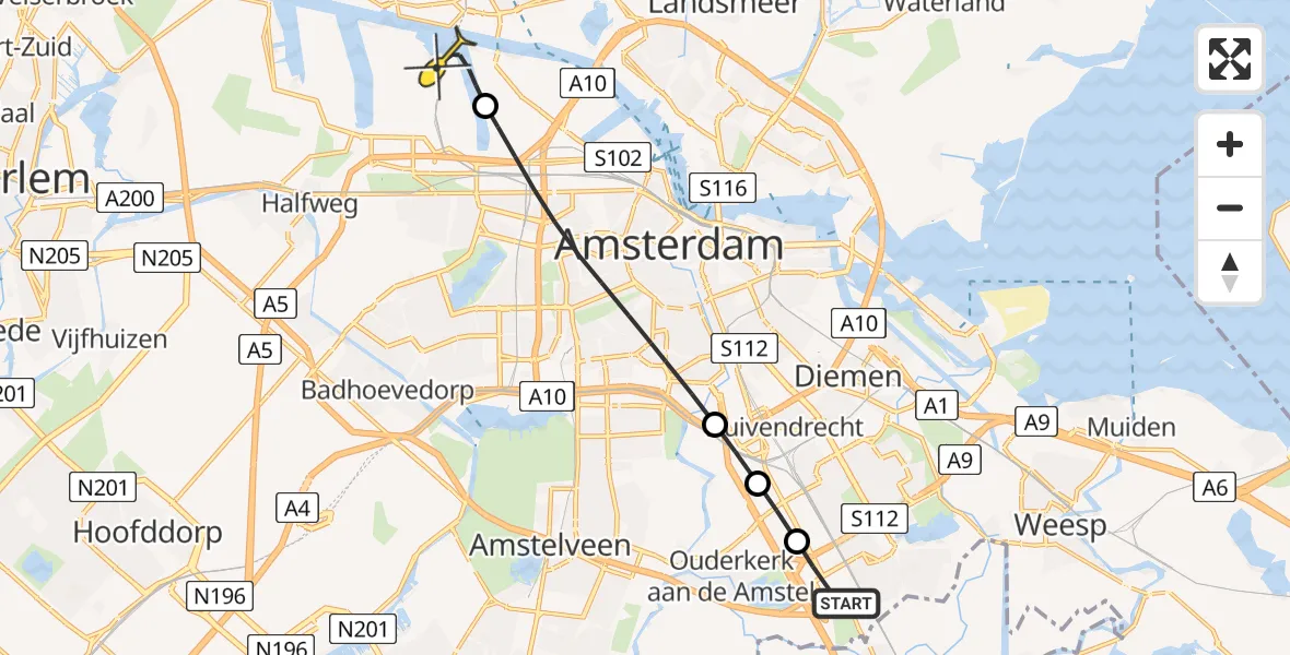 Routekaart van de vlucht: Lifeliner 1 naar Amsterdam Heliport, Stekkenbergweg