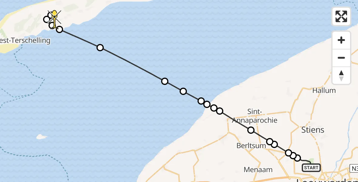 Routekaart van de vlucht: Ambulancehelikopter naar Midsland, Keegsdijkje