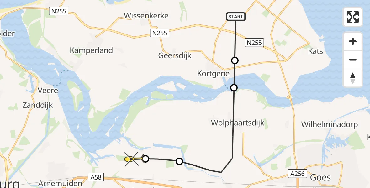 Routekaart van de vlucht: Kustwachthelikopter naar Vliegveld Midden-Zeeland, Prinsendijk