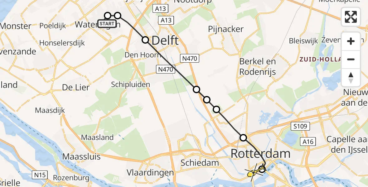 Routekaart van de vlucht: Lifeliner 2 naar Erasmus MC, Laan van Wateringse Veld