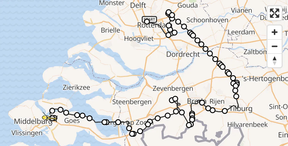 Routekaart van de vlucht: Politiehelikopter naar Vliegveld Midden-Zeeland, Achterdijk