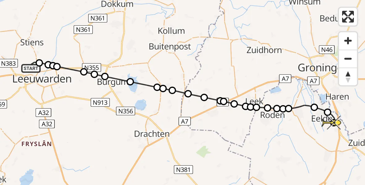 Routekaart van de vlucht: Ambulanceheli naar Groningen Airport Eelde, Keegsdijkje