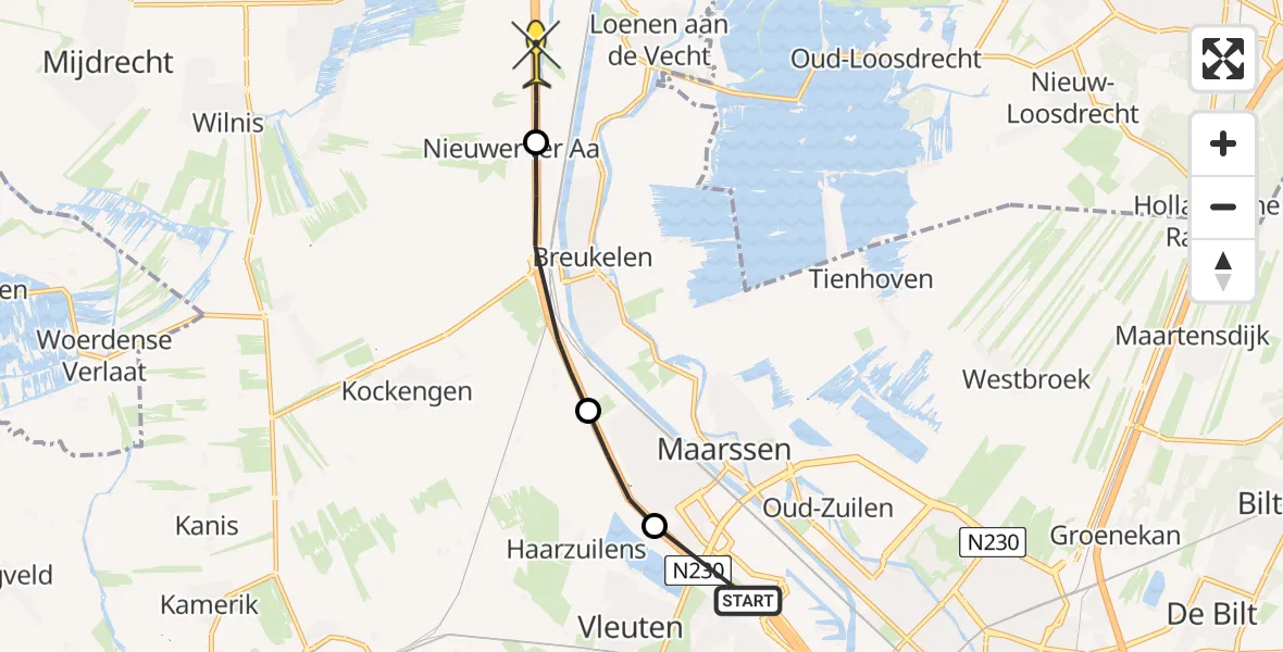 Routekaart van de vlucht: Politieheli naar Nieuwer Ter Aa, Oukoop