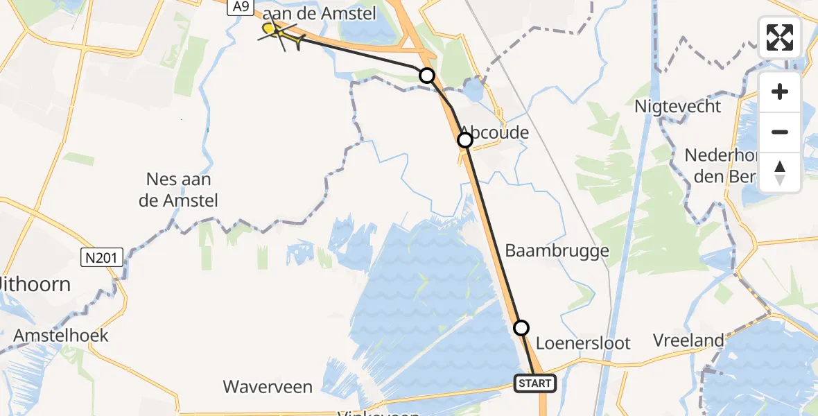 Routekaart van de vlucht: Politiehelikopter naar Ouderkerk aan de Amstel, Meentsloot