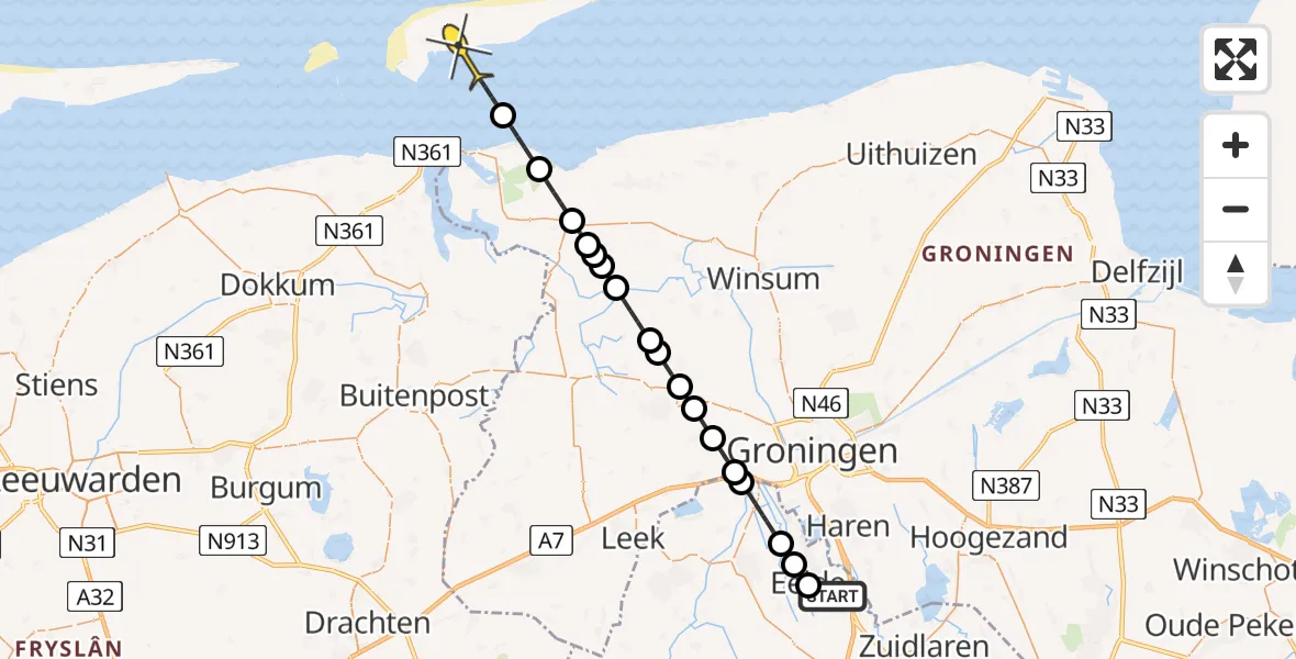 Routekaart van de vlucht: Ambulancehelikopter naar Schiermonnikoog, Machlaan