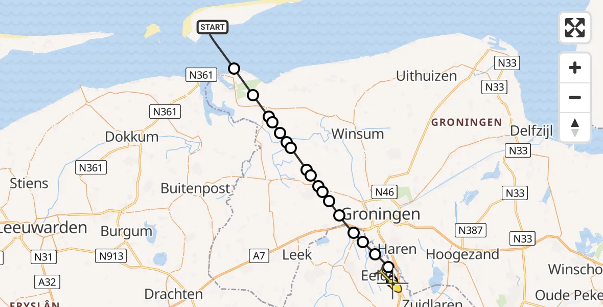 Routekaart van de vlucht: Ambulancehelikopter naar Groningen Airport Eelde, Reegeul