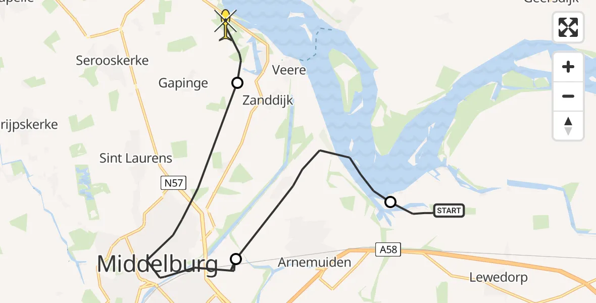 Routekaart van de vlucht: Politieheli naar Veere, Oranjeplaat