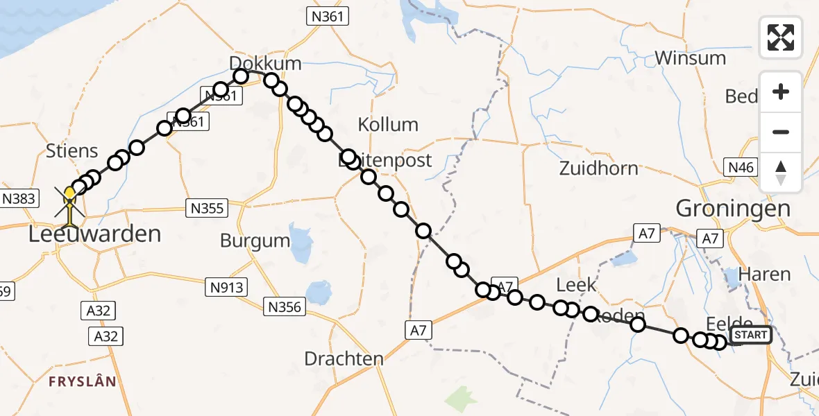 Routekaart van de vlucht: Ambulanceheli naar Vliegbasis Leeuwarden, Lugtenbergerweg
