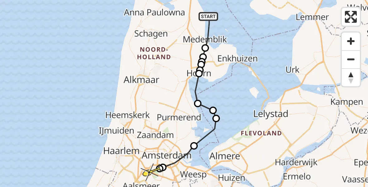 Routekaart van de vlucht: Politieheli naar Schiphol
