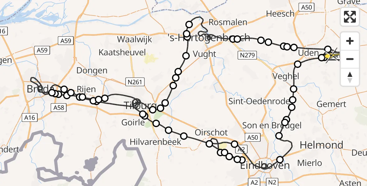 Vluchtroute Politiehelikopter van Vliegbasis Volkel naar Vliegbasis Volkel