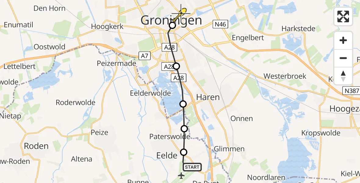 Routekaart van de vlucht: Lifeliner 4 naar Universitair Medisch Centrum Groningen, Burgemeester J.G. Legroweg