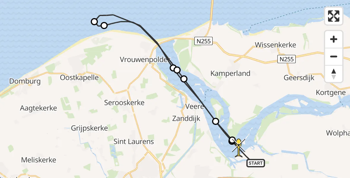 Routekaart van de vlucht: Kustwachthelikopter naar Arnemuiden, Arneplaat
