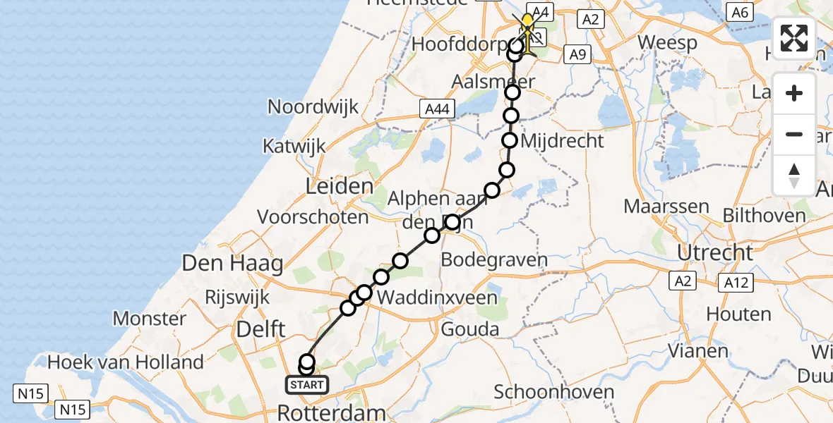 Vluchtroute Politiehelikopter van Rotterdam The Hague Airport naar Schiphol