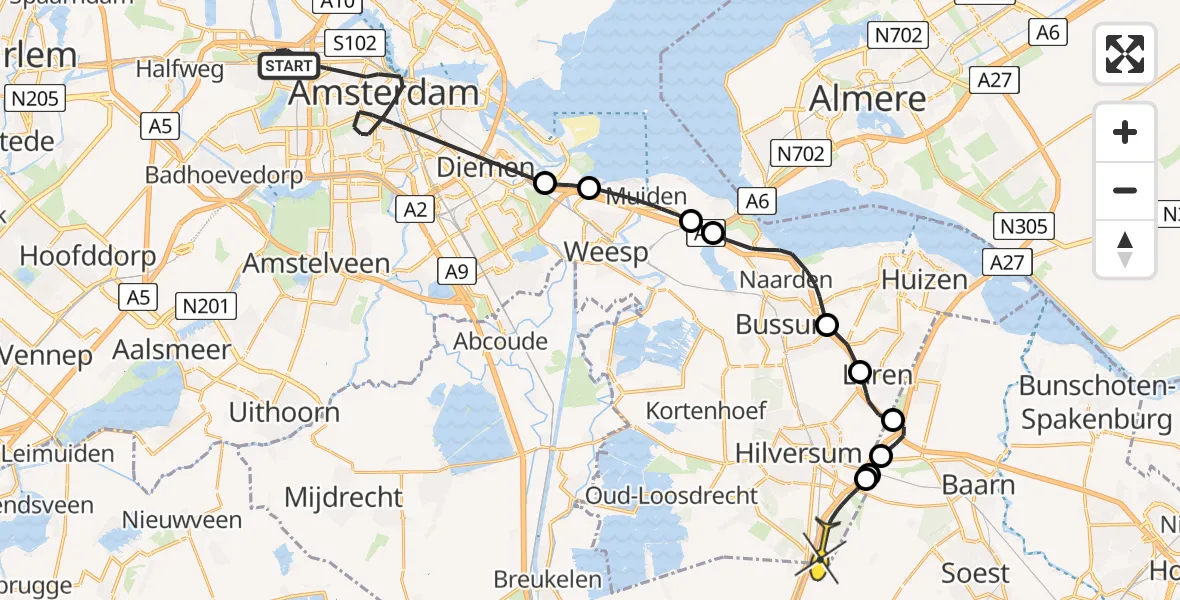 Routekaart van de vlucht: Politieheli naar Hilversum, Rhôneweg