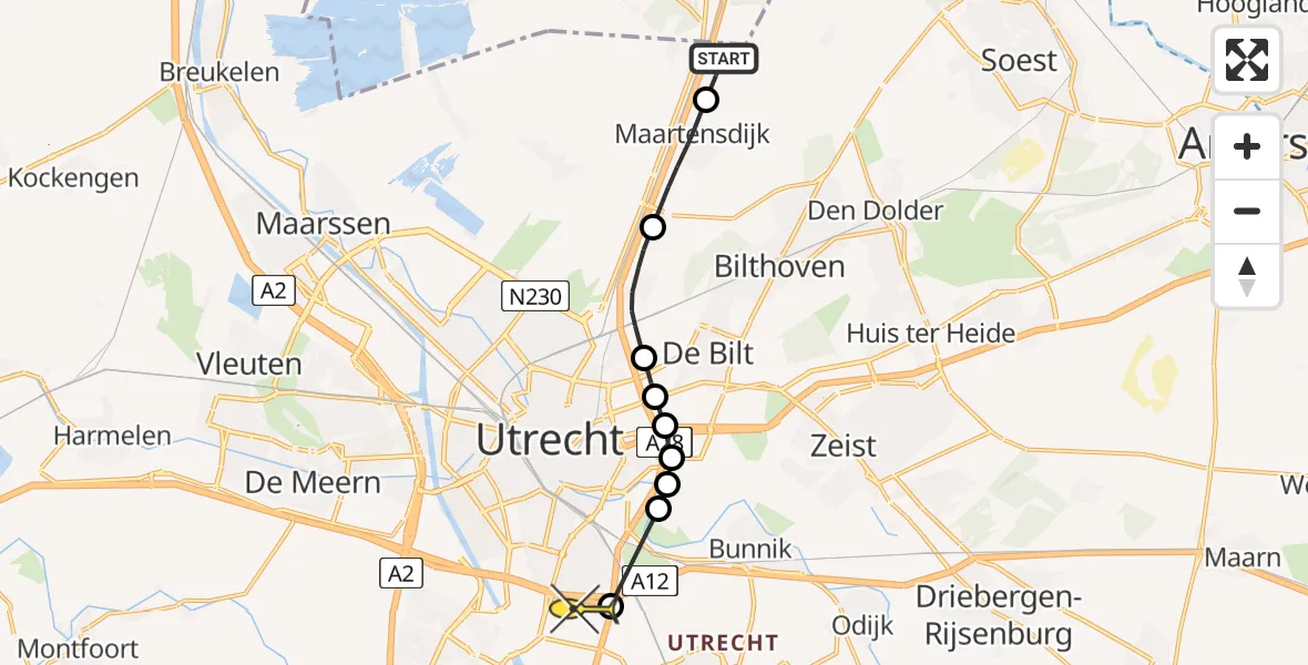 Routekaart van de vlucht: Politiehelikopter naar Houten, Dorpsweg