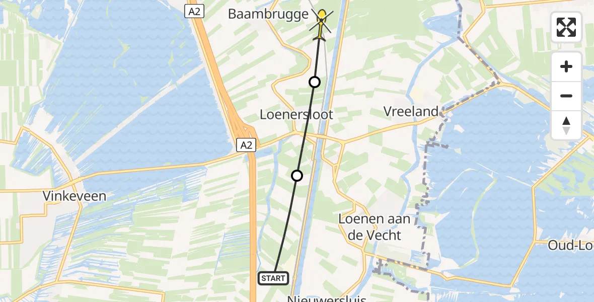 Routekaart van de vlucht: Politiehelikopter naar Baambrugge, Polderweg