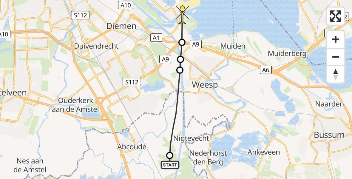 Routekaart van de vlucht: Politiehelikopter naar Diemen, Velterslaan