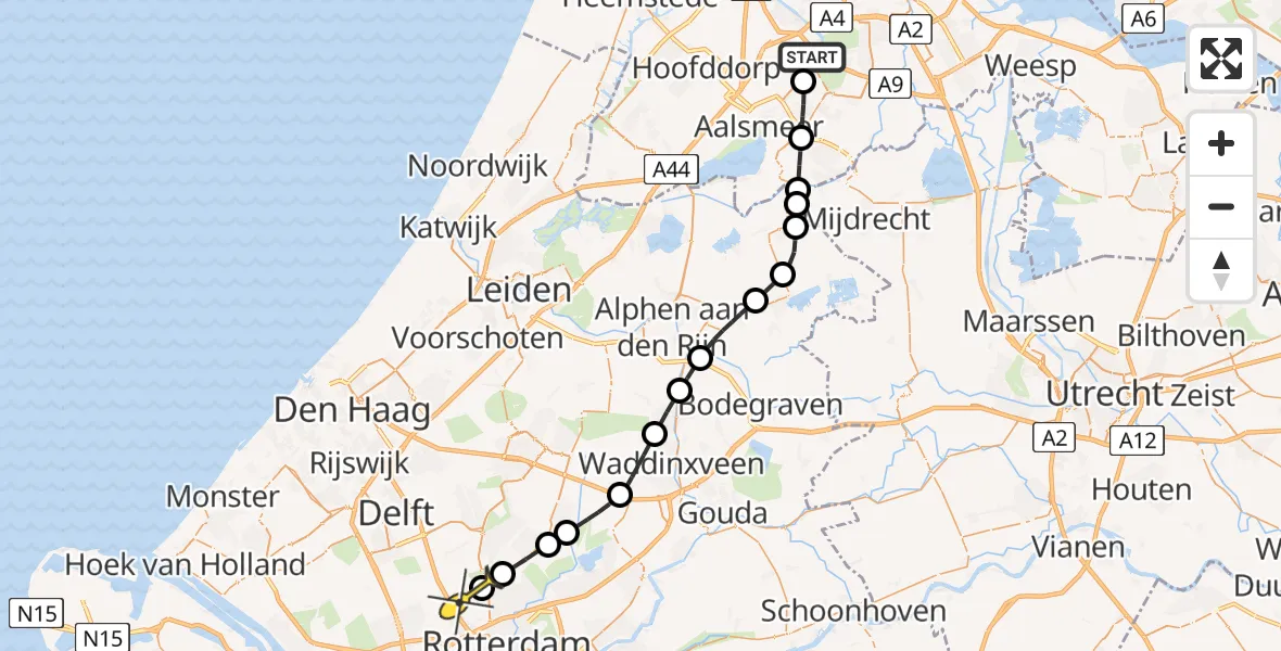 Vluchtroute Politiehelikopter van Schiphol naar Rotterdam The Hague Airport