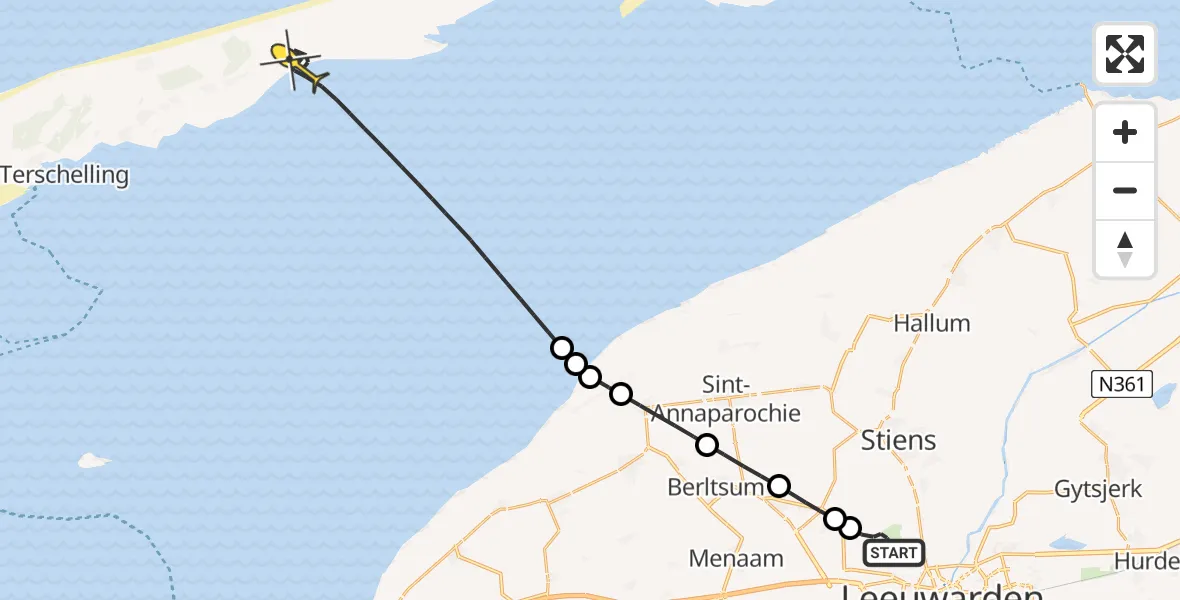 Routekaart van de vlucht: Ambulancehelikopter naar Oosterend, Sirtemawei