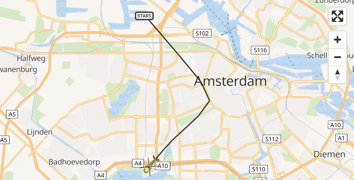 Routekaart van de vlucht: Politieheli naar Amsterdam, Bos en Lommerweg