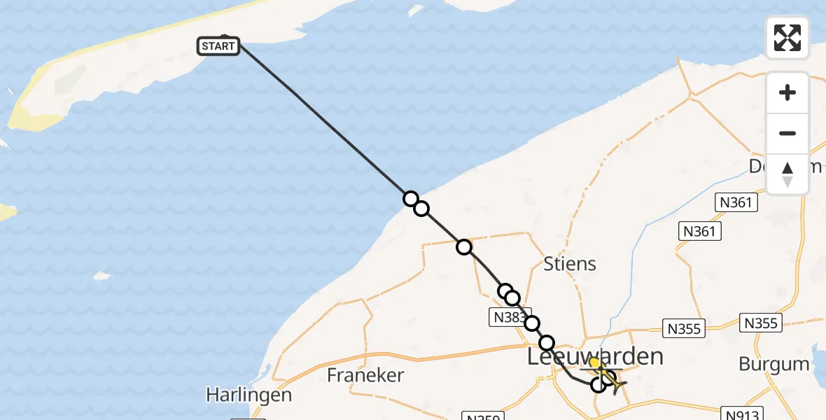 Routekaart van de vlucht: Ambulancehelikopter naar Leeuwarden, Oosterend