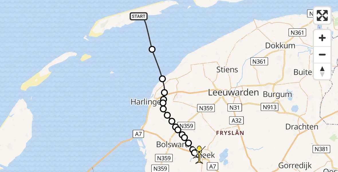 Routekaart van de vlucht: Ambulancehelikopter naar Sneek, Kloarlandweg