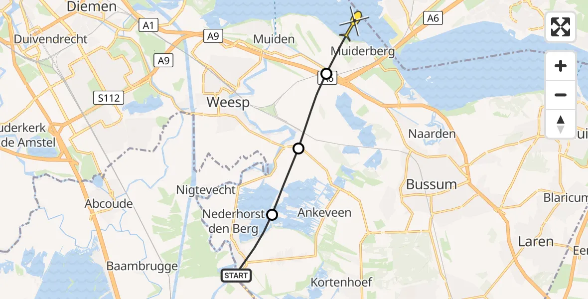 Routekaart van de vlucht: Politiehelikopter naar Muiden, Meerlaan